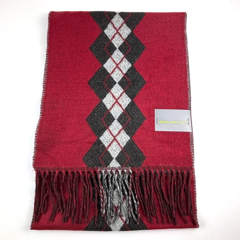 New John Bartlett Scarf Mens OS Red Argyle Germany Acrylic Fringed Argyle Preppy